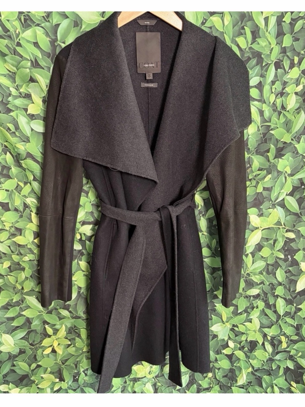 Vera Wang Coat Womens L Black Wool Blend Leather Sleeves Belted Wrap Handmade